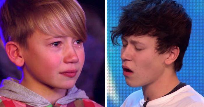A double photo: on the right, Isaac Waddington singing, and on the left, his little brother Jack with a tear in his eye.