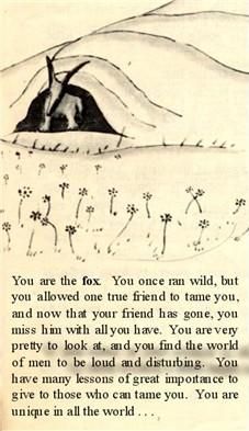 The Little Prince. You are the fox. You have many lessons of great importance to give to those who can tame you. You are unique in all the world.