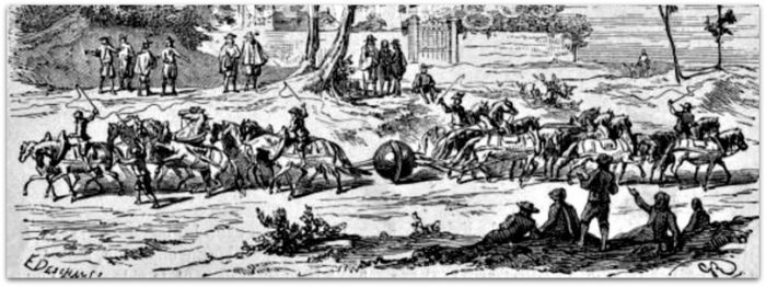 Depiction of a 24-horse version of the Magdeburg hemispheres from the 1899 book Album of Science