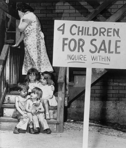 A mother puts up her children for sale in 1948.