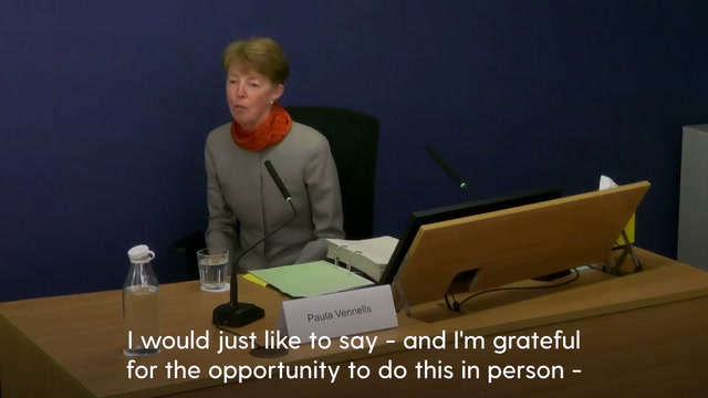 Paula Vennells speaking at the start of the inquiry saying 'I would just like to say - and I'm grateful for the opportunity to do this in person.'