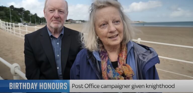 Sir Alan Bates and Suzanne Sercombe, Lady Bates, honored for Post Office campaign.